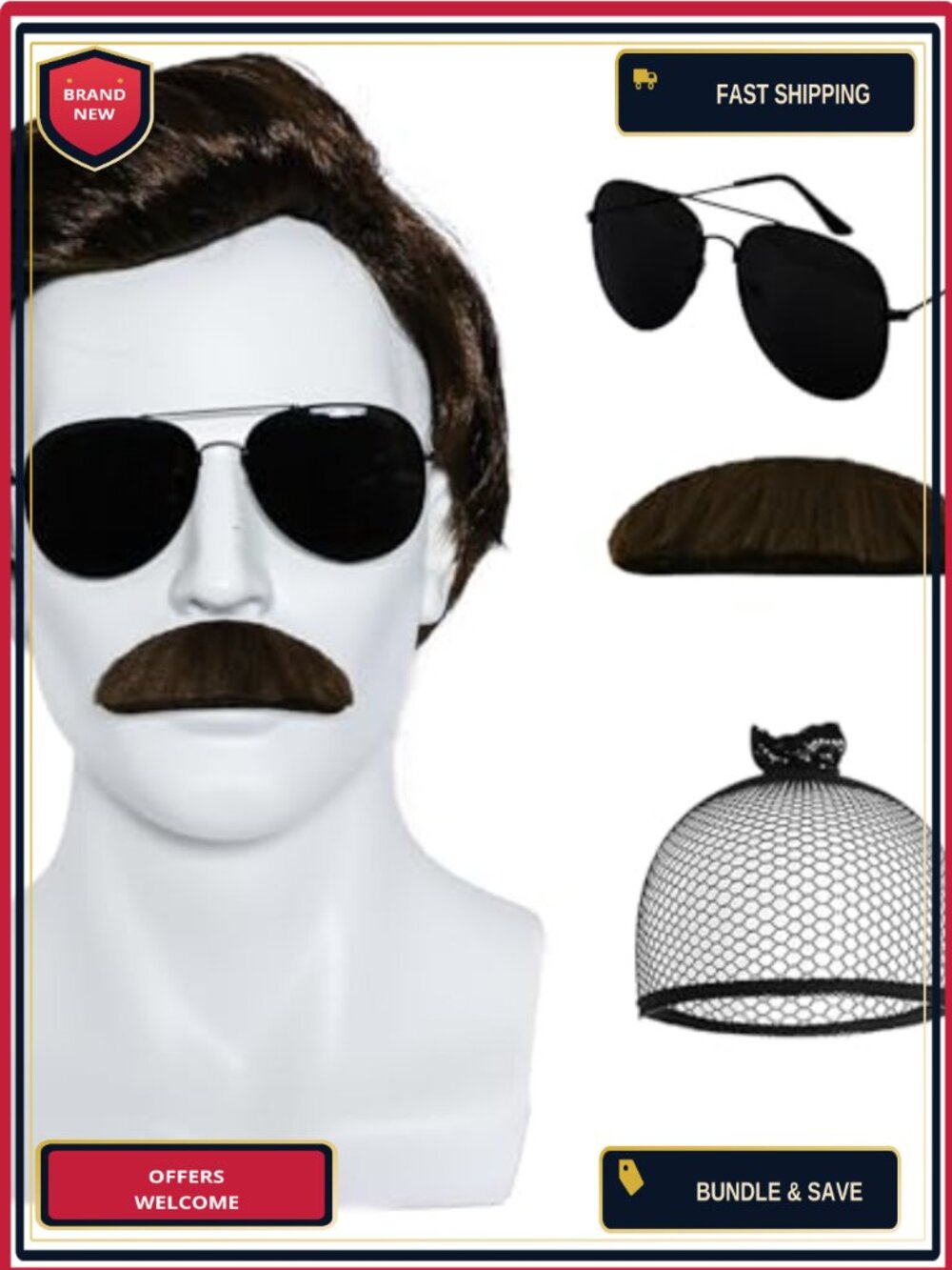 Men's Short Brown Wig Set with Mustache Sunglasses Beard 70s 80s Disco Costume